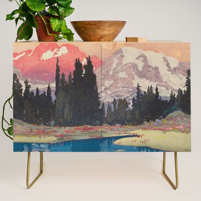 Storms over Keiisino - Winter Mountain & Forest Ukiyoe Nature Landscape in Pink, Blue, and Green Credenza Gallery Image 1