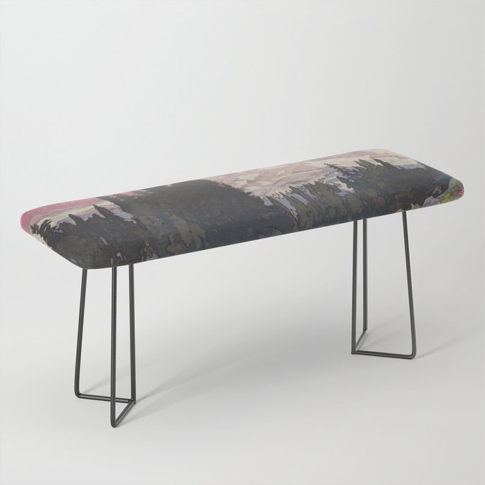 Storms over Keiisino - Winter Mountain & Forest Ukiyoe Nature Landscape in Pink, Blue, and Green Bench Gallery Image 1