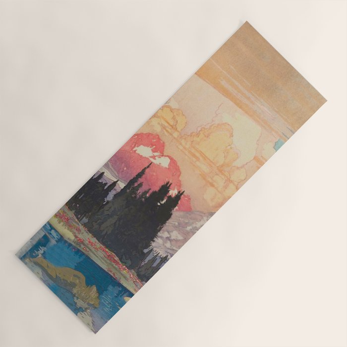 Storms over Keiisino - Winter Mountain & Forest Ukiyoe Nature Landscape in Pink, Blue, and Green Yoga Mat Gallery Image 1
