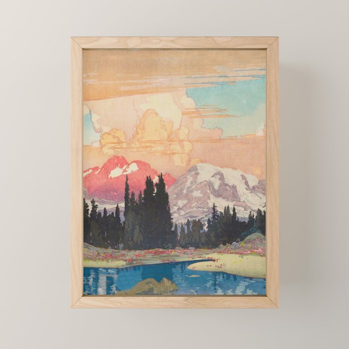 Storms over Keiisino - Winter Mountain & Forest Ukiyoe Nature Landscape in Pink, Blue, and Green Mini Art Print Gallery Image 1