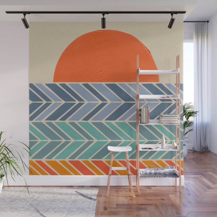 Retro Sunset - Blue & Orange Wall Mural Gallery Image 1