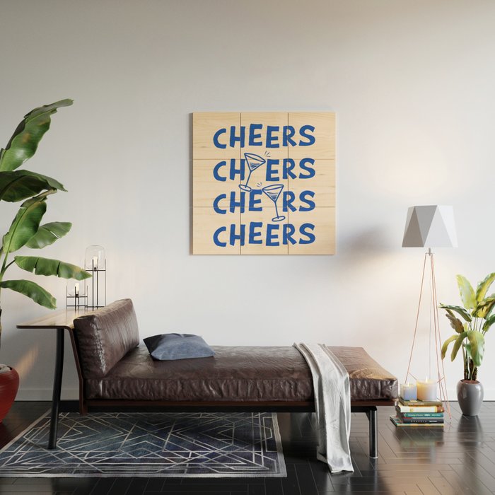 Cheers. Cocktails and Drinks in Royal Blue and Linen White Wood Wall Art Gallery Image 2