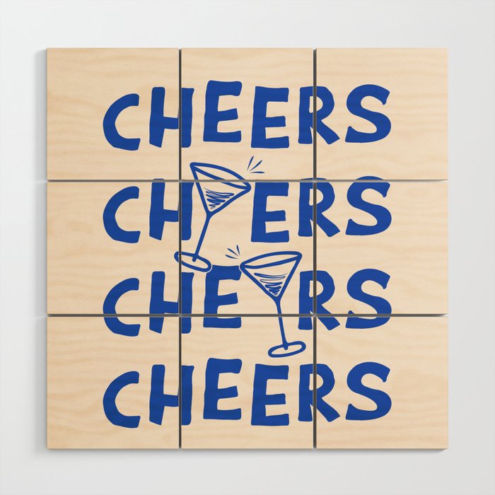 Cheers. Cocktails and Drinks in Royal Blue and Linen White Wood Wall Art Gallery Image 1