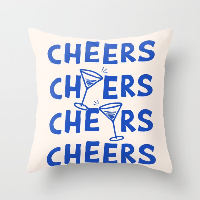 Cheers. Cocktails and Drinks in Royal Blue and Linen White Throw Pillow Gallery Image 1
