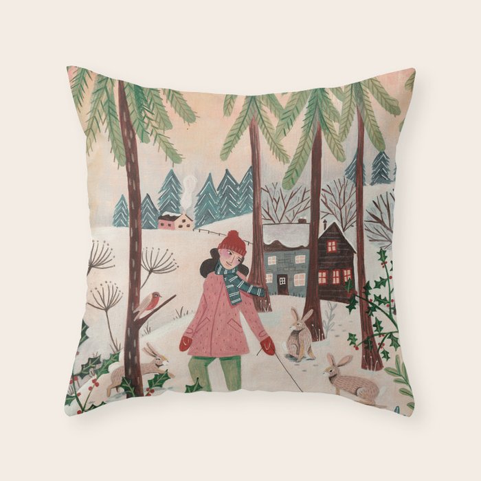 Woman year of the rabbit winter Throw Pillow Gallery Image 6