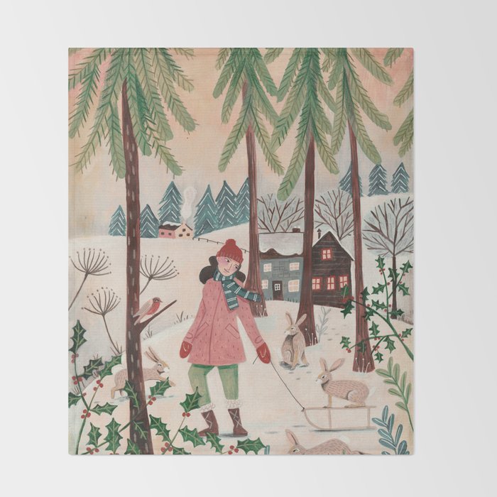Woman year of the rabbit winter Throw Blanket Gallery Image 2