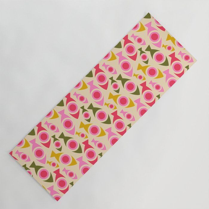 Geometric Fish Pattern - Red, Pink, Yellow, Olive Yoga Mat Gallery Image 1