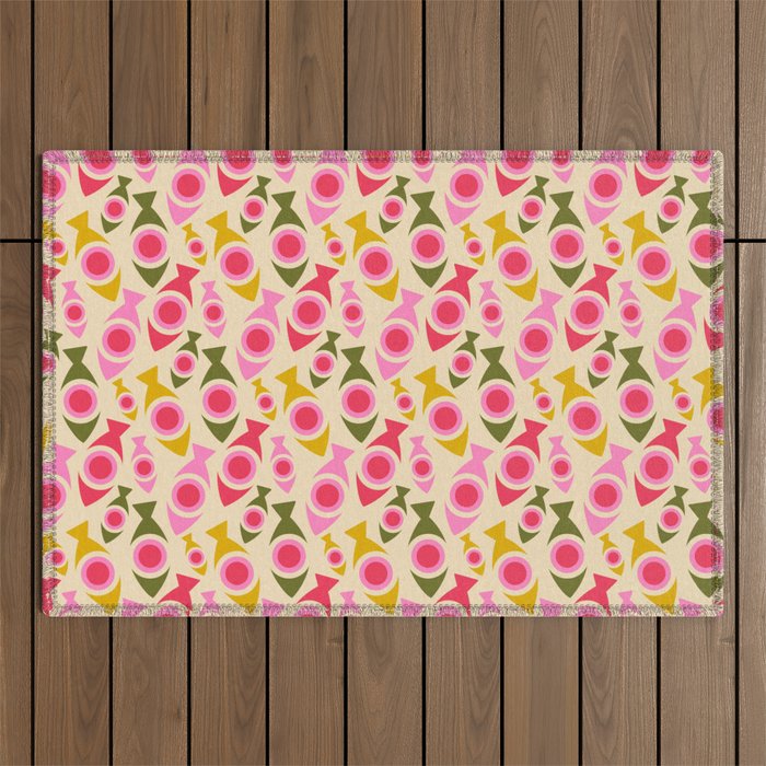 Geometric Fish Pattern - Red, Pink, Yellow, Olive Outdoor Rug Gallery Image 1