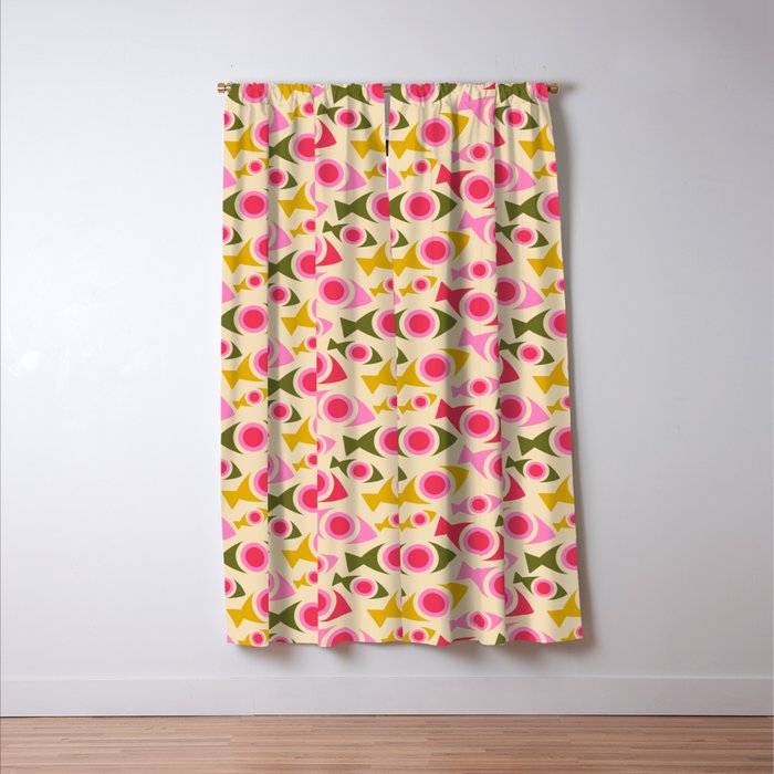 Geometric Fish Pattern - Red, Pink, Yellow, Olive Window Curtain Gallery Image 3