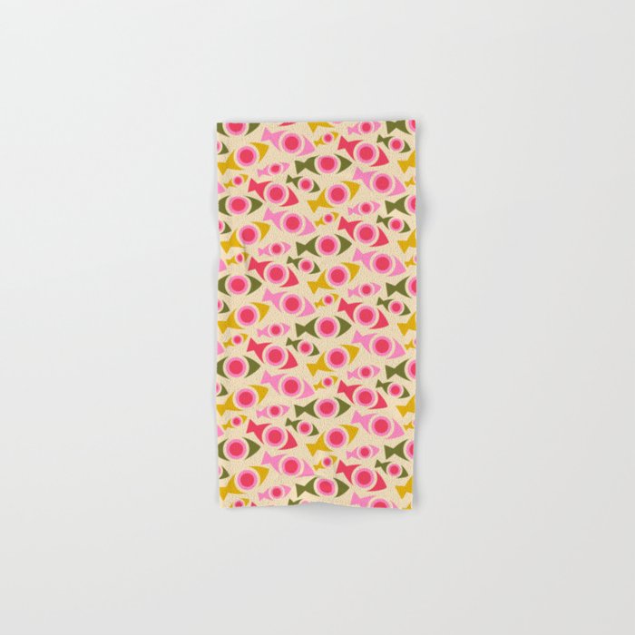 Geometric Fish Pattern - Red, Pink, Yellow, Olive Bath Towel Gallery Image 1