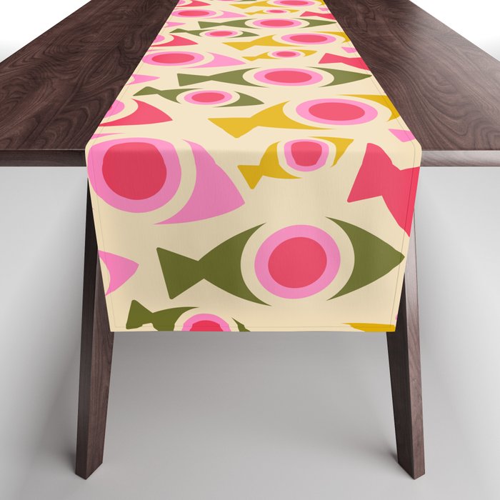 Geometric Fish Pattern - Red, Pink, Yellow, Olive Table Runner Gallery Image 1
