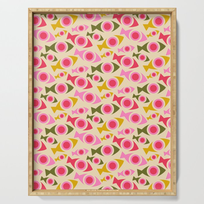 Geometric Fish Pattern - Red, Pink, Yellow, Olive Serving Tray Gallery Image 1