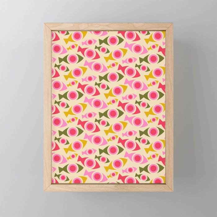 Geometric Fish Pattern - Red, Pink, Yellow, Olive Mini Art Print Gallery Image 1