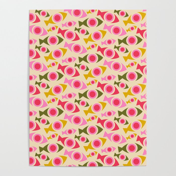 Geometric Fish Pattern - Red, Pink, Yellow, Olive Poster Gallery Image 1