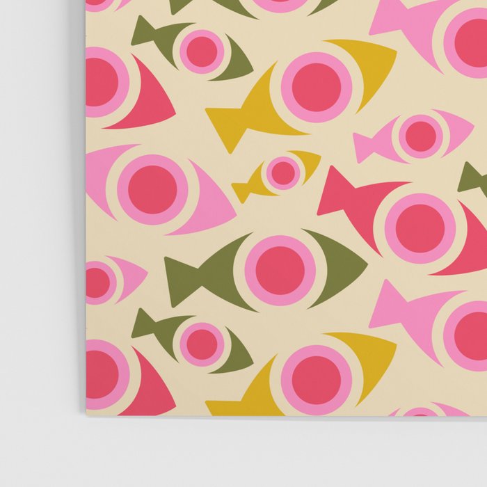 Geometric Fish Pattern - Red, Pink, Yellow, Olive Poster Gallery Image 3
