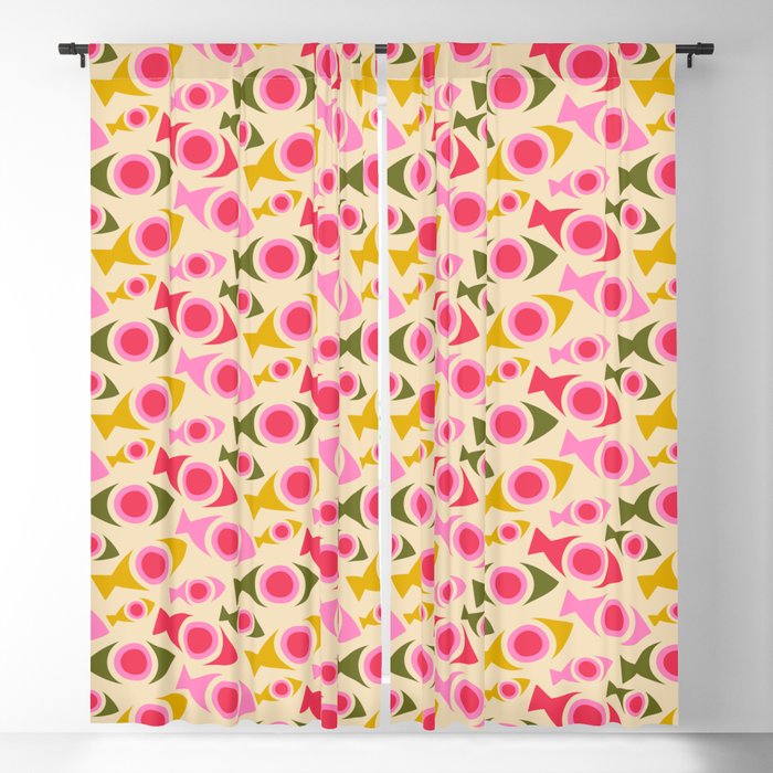 Geometric Fish Pattern - Red, Pink, Yellow, Olive Window Curtain Gallery Image 1