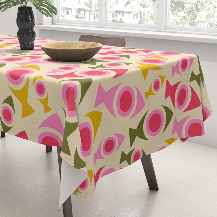 Geometric Fish Pattern - Red, Pink, Yellow, Olive Tablecloth Gallery Image 3