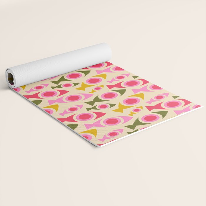 Geometric Fish Pattern - Red, Pink, Yellow, Olive Yoga Mat Gallery Image 2