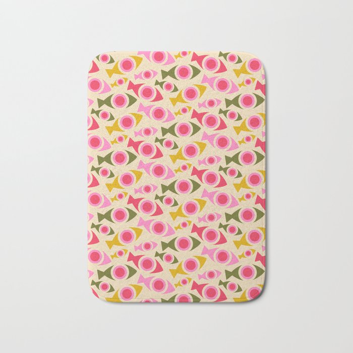 Geometric Fish Pattern - Red, Pink, Yellow, Olive Bath Mat Gallery Image 1