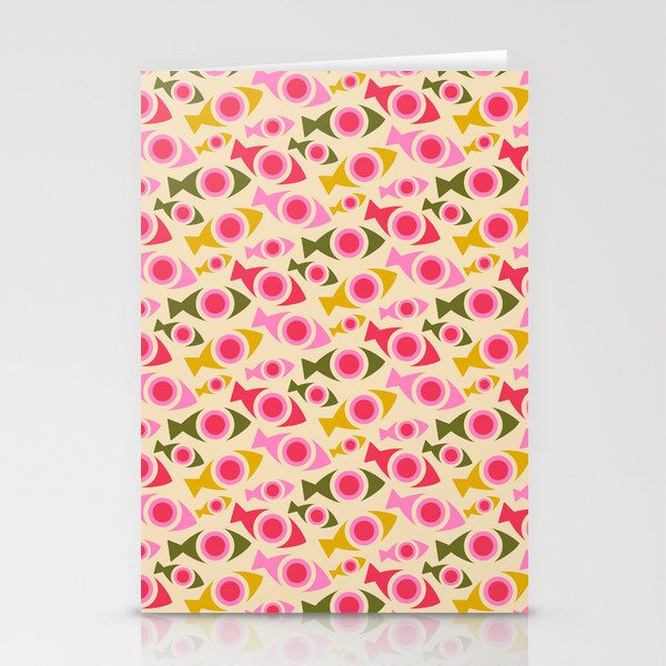 Geometric Fish Pattern - Red, Pink, Yellow, Olive Stationery Card Gallery Image 1
