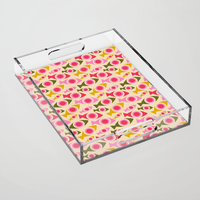 Geometric Fish Pattern - Red, Pink, Yellow, Olive Acrylic Tray Gallery Image 1
