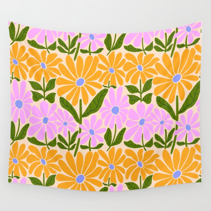 Retro Groovy Daisies - Orange, Pink, Very-Peri and Green  Wall Tapestry Gallery Image 4