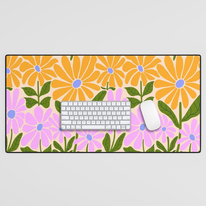 Retro Groovy Daisies - Orange, Pink, Very-Peri and Green  Desk Mat Gallery Image 1