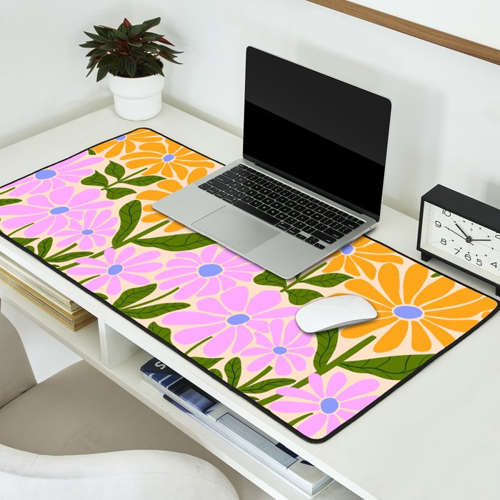 Retro Groovy Daisies - Orange, Pink, Very-Peri and Green  Desk Mat Gallery Image 2