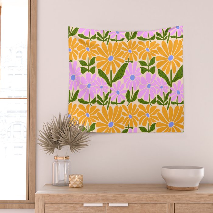 Retro Groovy Daisies - Orange, Pink, Very-Peri and Green  Wall Tapestry Gallery Image 2