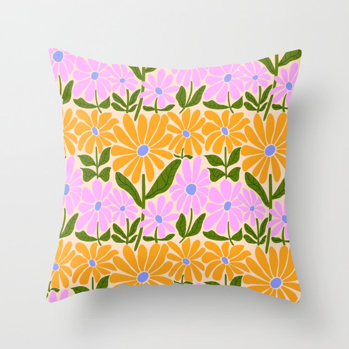 Retro Groovy Daisies - Orange, Pink, Very-Peri and Green  Throw Pillow Gallery Image 1