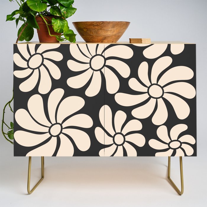 Black and White Retro Super Bloom - 70's vibe  Credenza Gallery Image 1