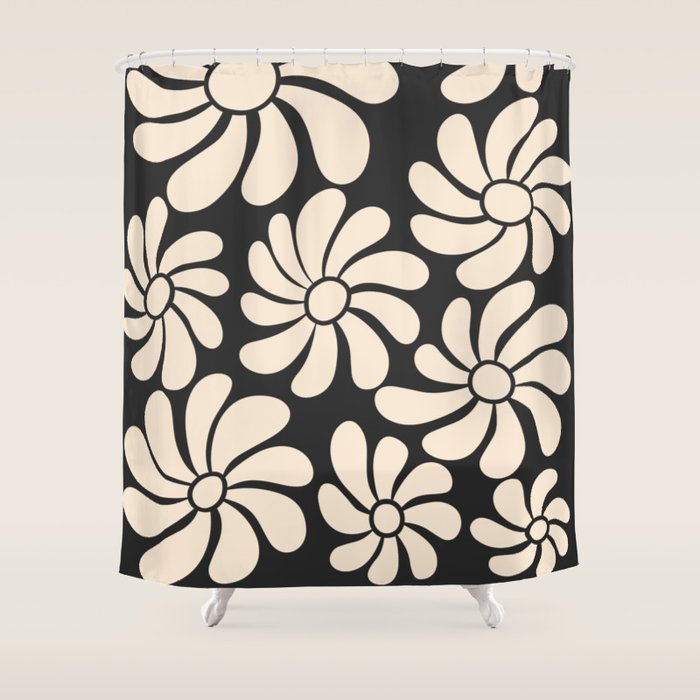 Black and White Retro Super Bloom - 70's vibe  Shower Curtain Gallery Image 1