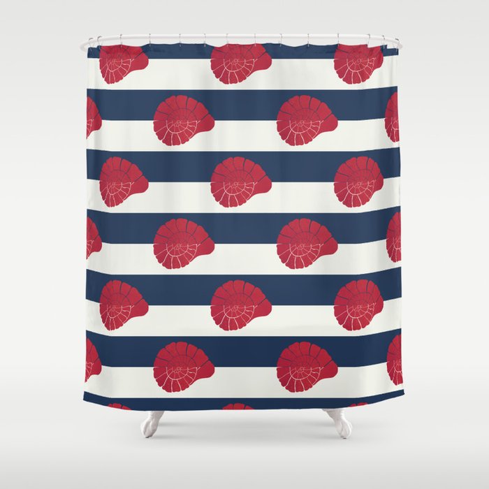 Red nautilus shell and navy stripes Shower Curtain Gallery Image 1