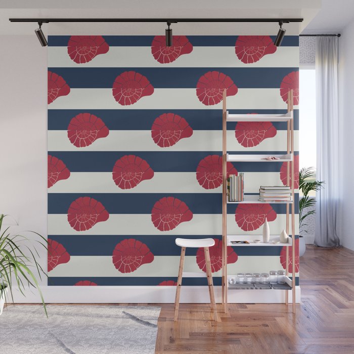 Red nautilus shell and navy stripes Wall Mural Gallery Image 1