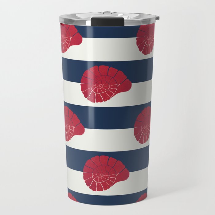 Red nautilus shell and navy stripes Travel Mug Gallery Image 1