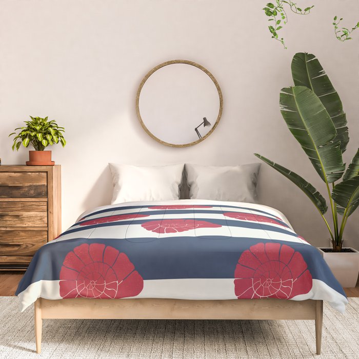 Red nautilus shell and navy stripes Comforter Gallery Image 3