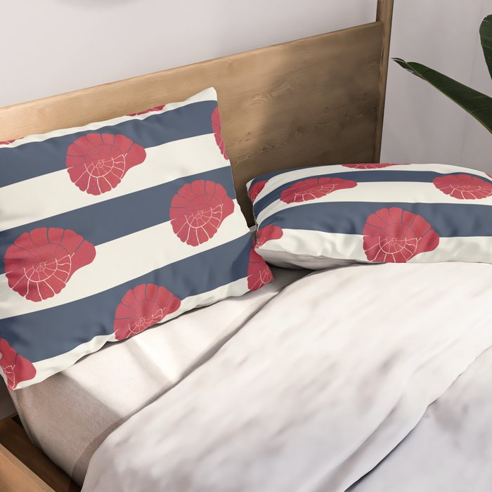 Red nautilus shell and navy stripes Pillow Sham Gallery Image 2