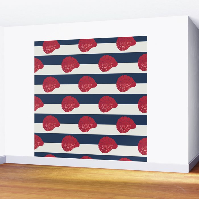 Red nautilus shell and navy stripes Wall Mural Gallery Image 2