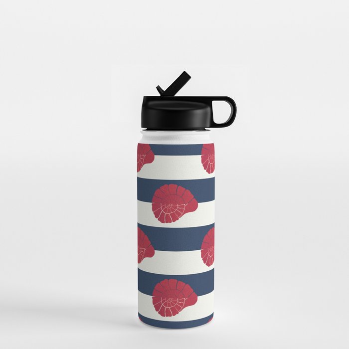 Red nautilus shell and navy stripes Water Bottle Gallery Image 1