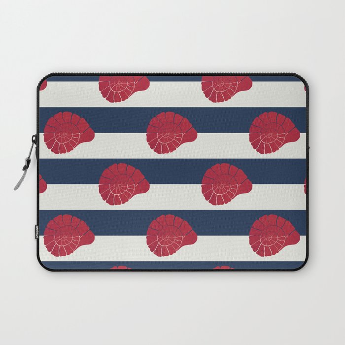 Red nautilus shell and navy stripes Laptop Sleeve Gallery Image 1