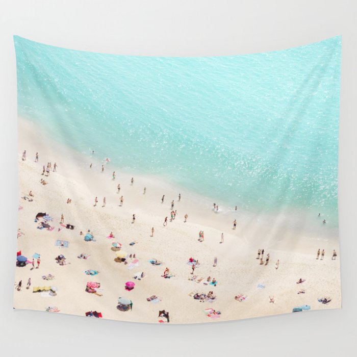 Aerial Beach Photography -  Pastel Ocean  - Colorful Beach Umbrellas - Sea Travel photography Wall Tapestry Gallery Image 1