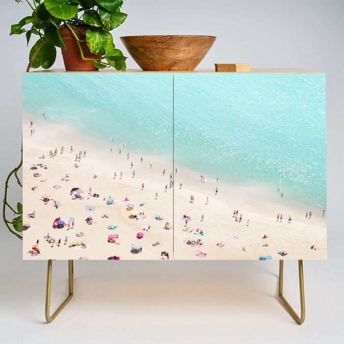 Aerial Beach Photography -  Pastel Ocean  - Colorful Beach Umbrellas - Sea Travel photography Credenza Gallery Image 1