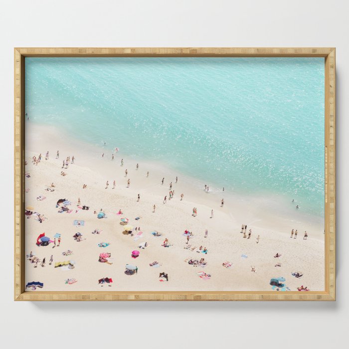 Aerial Beach Photography -  Pastel Ocean  - Colorful Beach Umbrellas - Sea Travel photography Serving Tray Gallery Image 1