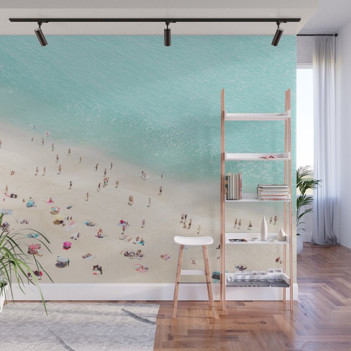 Aerial Beach Photography -  Pastel Ocean  - Colorful Beach Umbrellas - Sea Travel photography Wall Mural Gallery Image 1