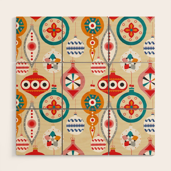 Retro christmas ornaments pattern Wood Wall Art Gallery Image 1