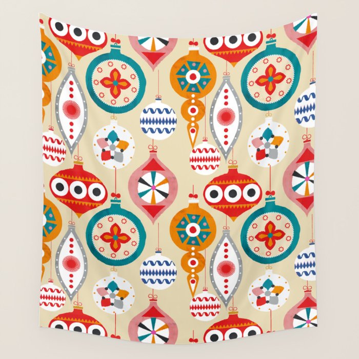 Retro christmas ornaments pattern Wall Tapestry Gallery Image 4