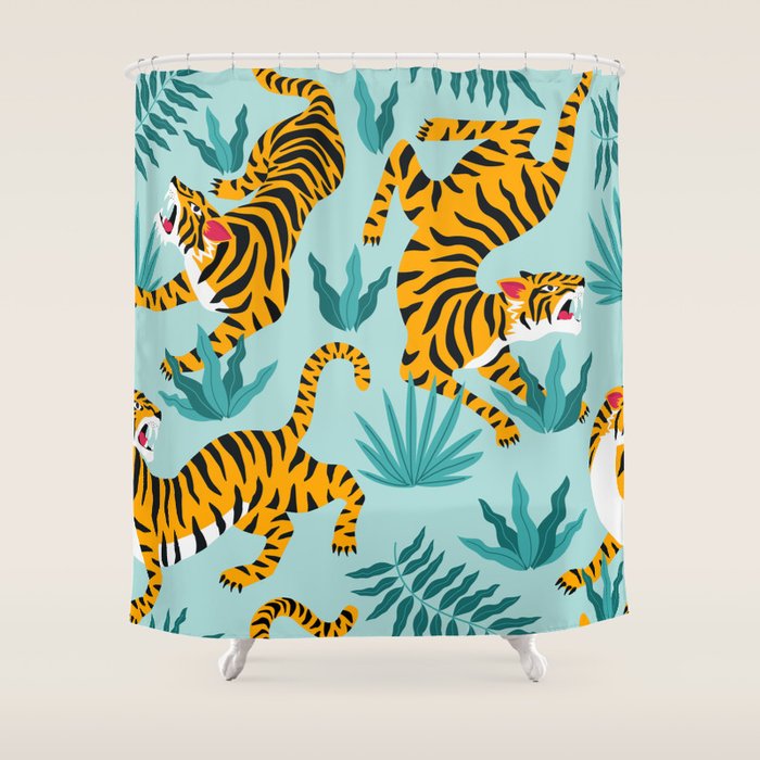 Asian tigers and tropic plants on background. Shower Curtain Gallery Image 1