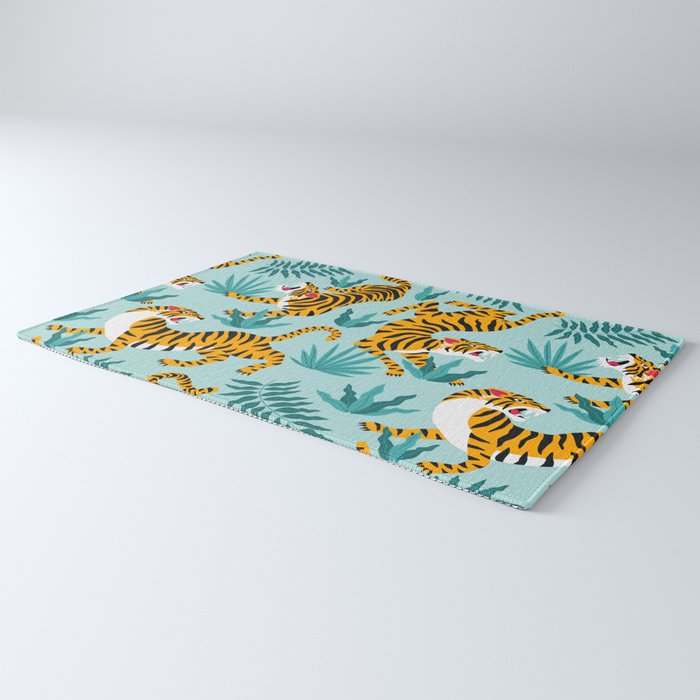 Asian tigers and tropic plants on background. Rug Gallery Image 3