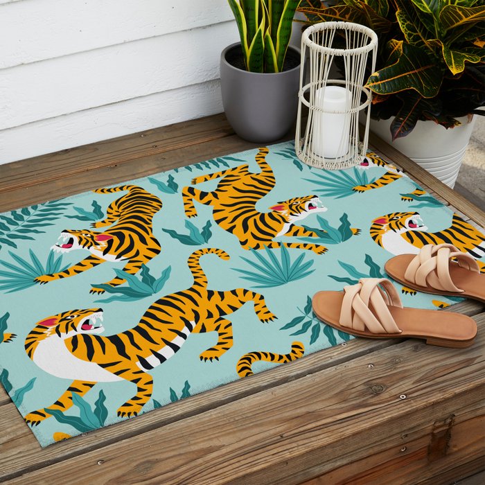 Asian tigers and tropic plants on background. Outdoor Rug Gallery Image 2