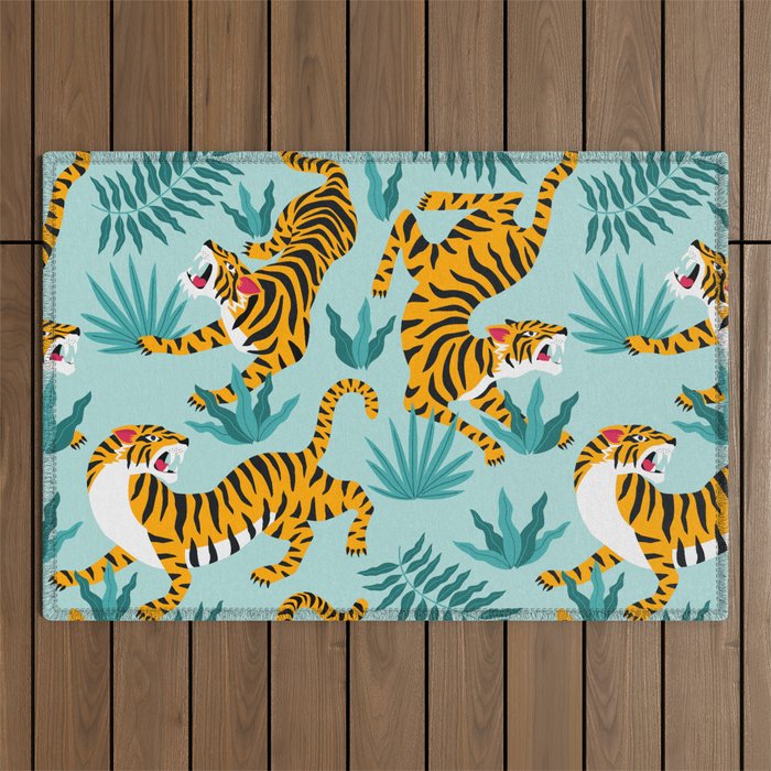 Asian tigers and tropic plants on background. Outdoor Rug Gallery Image 1